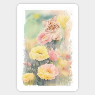 Soft color Striped Yellow cat in the Flower Garden Sticker